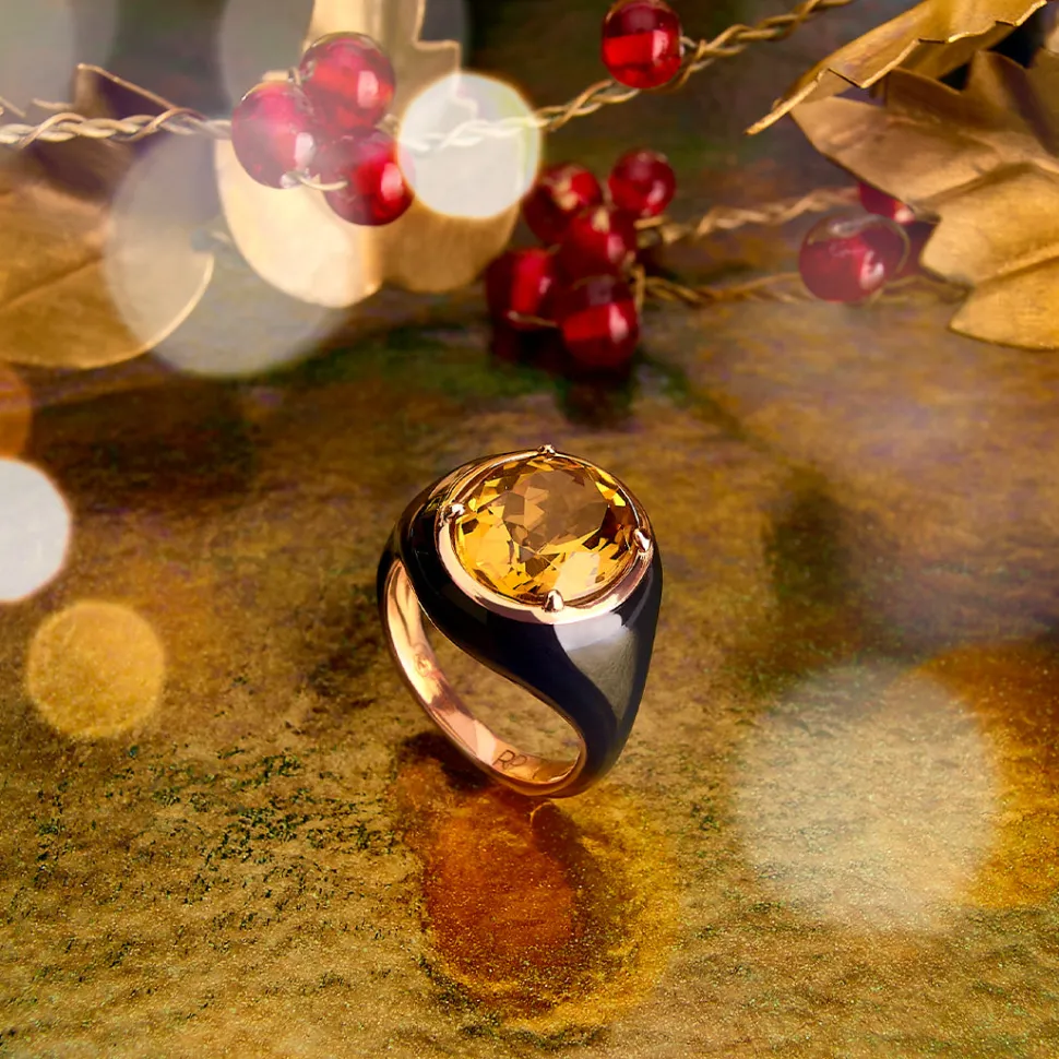 Anello Mon Chevalier - Smalto nero e pietra Citrino