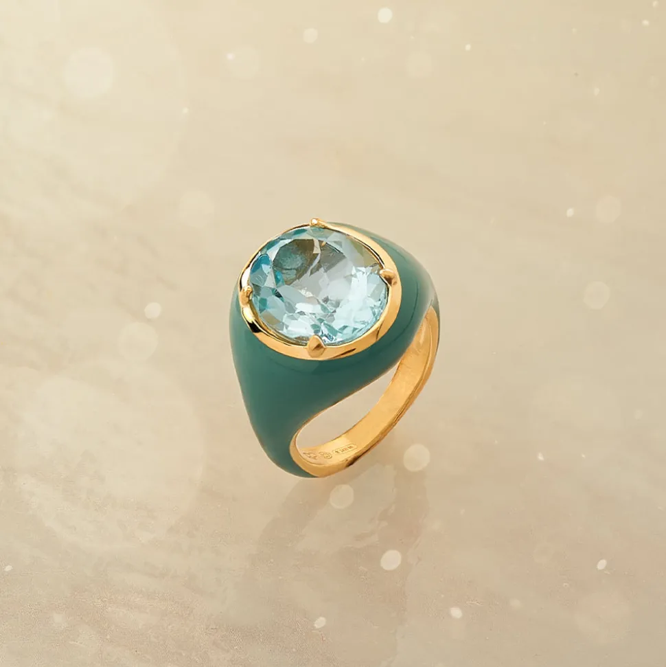 Anello Mon Chevalier - Smalto verde e pietra Topazio Azzurro